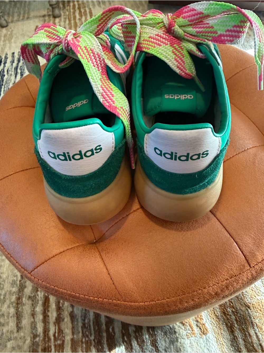 adidas Green Suede & Mesh Athletic Sneakers with Pink/Green Laces - Picture 7 of 8